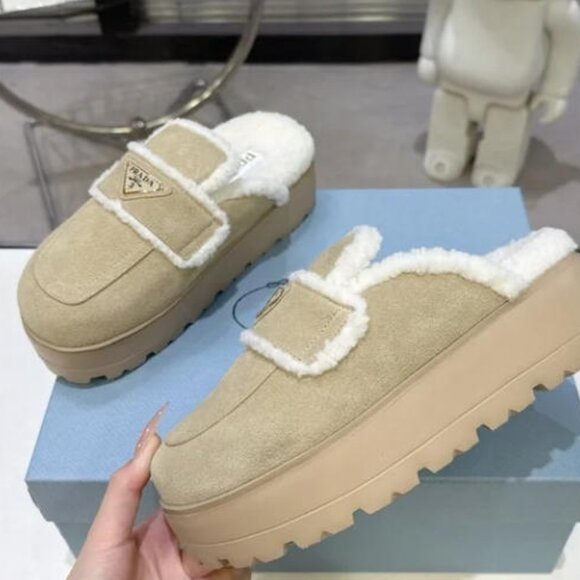 Prada Beige Suede Shearling Mules - Picture 3 of 8